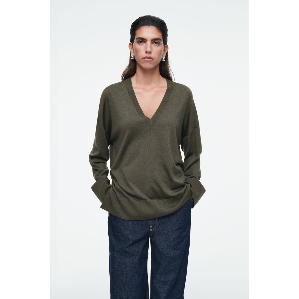 COS Women's V-Neck Wool Jumper V-neck Sweater Relaxed‎ Minimalist Olive Green XS